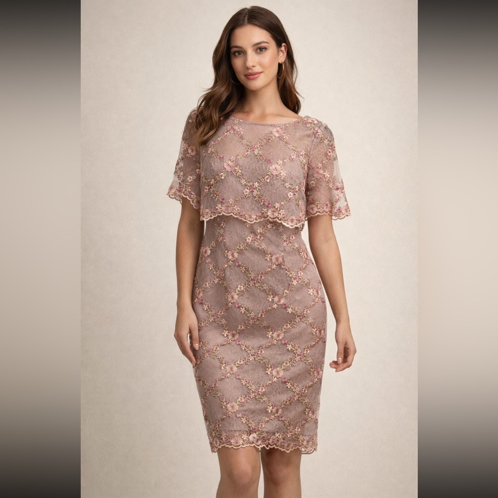 Adrianna Papell Pink and Cream short sleeve Floral Midi Dress